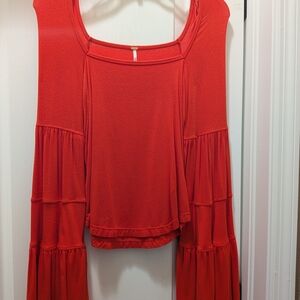 Free People Women's Bright Red Tiered Bell-Sleeve Tunic